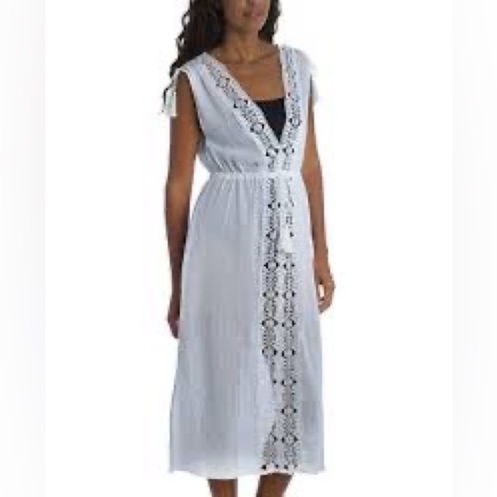 La Blanca White Cotton Long Embroidered Swim Coverup with Tassels Women’s Small